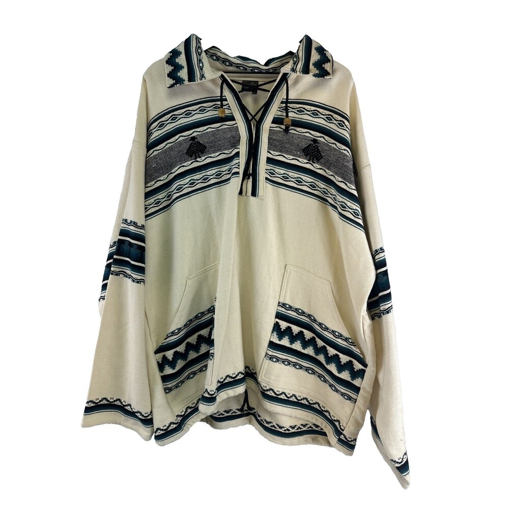 Artesania Landa Handmade Pullover  Peru Cream Teal Blanket Pattern Cotton Men XL